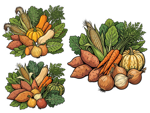 Abundant harvest pile of autumn vegetables featuring pumpkins carrots corn