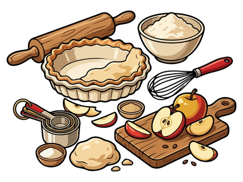 Baking tools and ingredients for preparing fresh homemade apple pie dessert