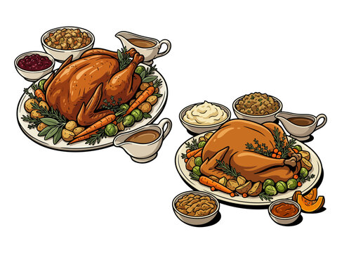 Roasted turkey platters served with side dishes and gravy for holiday dinner