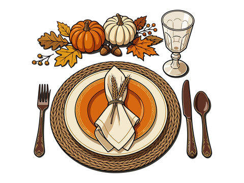 Elegant table setting decorated with pumpkins and autumn leaves for festive