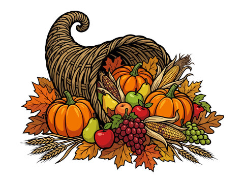 Wicker cornucopia overflowing with fresh autumn fruits vegetables and colorful