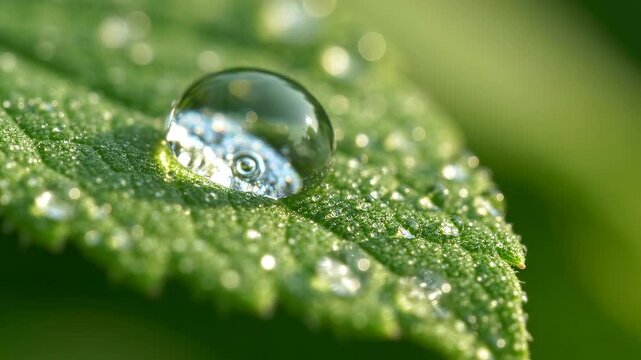 Close-up of a single dewdrop on a vibrant green leaf, reflecting the sky and surrounding nature.