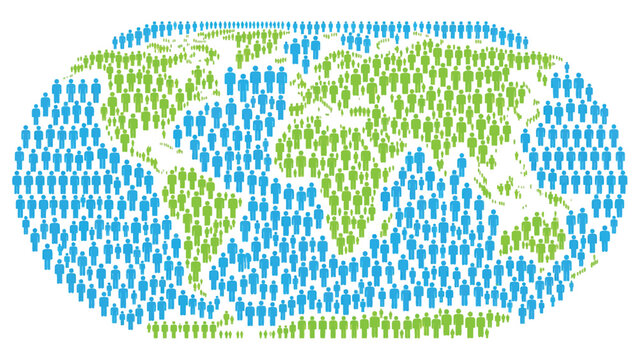 Vibrant global map composed of countless diverse people figures forming continents and oceans together