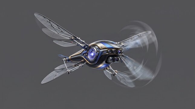 Futuristic Bionic Insect Drone with Blue Accents and Moving Wings