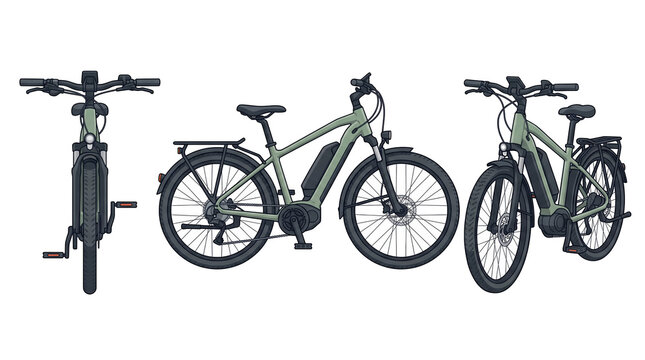 Electric bicycle - 3 angles of e-bike. Modern electric bicycle e-bike in 3 angles vector illustration isolated on transparent background for urban mobility and green transport