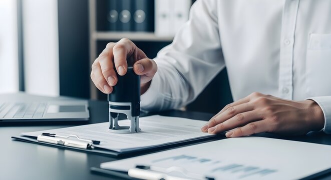 Professional Document Approval featuring a businessman's hand pressing a rubber stamp onto a paper on a clipboard, ideal for legal services and corporate bureaucracy.