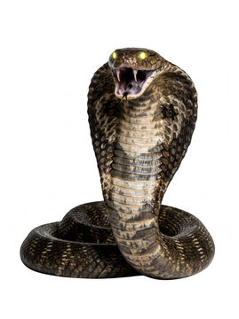 A cobra with its hood spread, fangs bared, eyes glowing yellow.