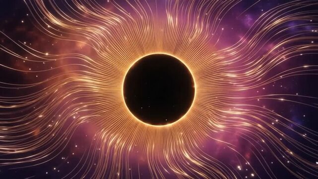Glowing solar eclipse animation featuring vibrant golden rays streaming outward into deep purple space background creating mesmerizing cosmic motion video effects