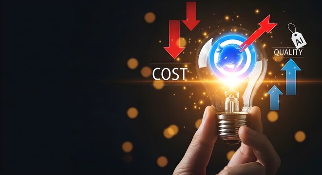 Business Innovation Concept featuring hand holding glowing light bulb with bull market target and cost reduction arrows, ideal for financial technology presentations and perfect for AI business.