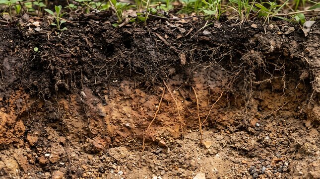 Cross section of earth showing organic dark topsoil layer above mineral soil horizons with visible plant roots in a detailed geological soil profile.