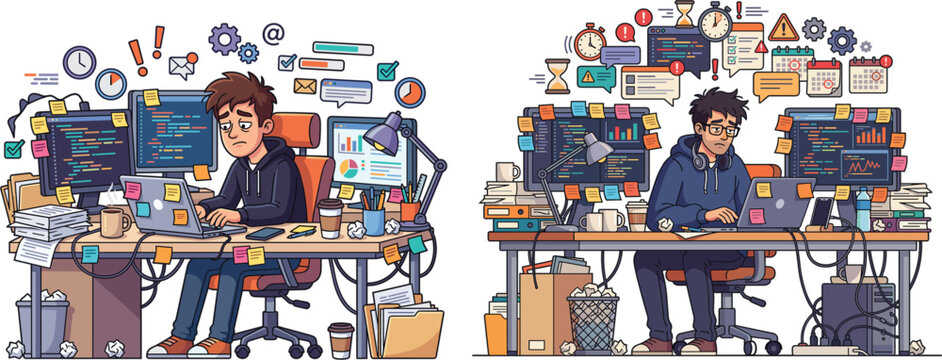 Stressed software programmer working overtime at messy desk with multiple monitors under deadline pressure vector illustration set