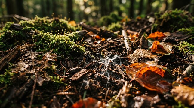 A close-up view of forest floor detritus featuring lush green moss, decaying autumn leaves, and fallen twigs under soft, natural woodland canopy light.
