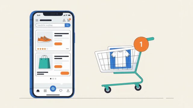 Adding t-shirt to shopping cart from smartphone shopping app flat animation with cart notification badge