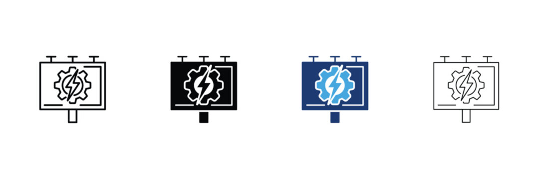 Programmatic ad icon set. Outdoor billboard display with gear cog and lightning flash Icons. Outline, Glyph, two-tone and editable stroke vector illustration.