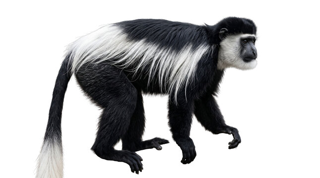 Black and white colobus monkey with striking monochrome fur, isolated on a white background, perfect for wildlife photography, zoo exhibits and nature documentaries