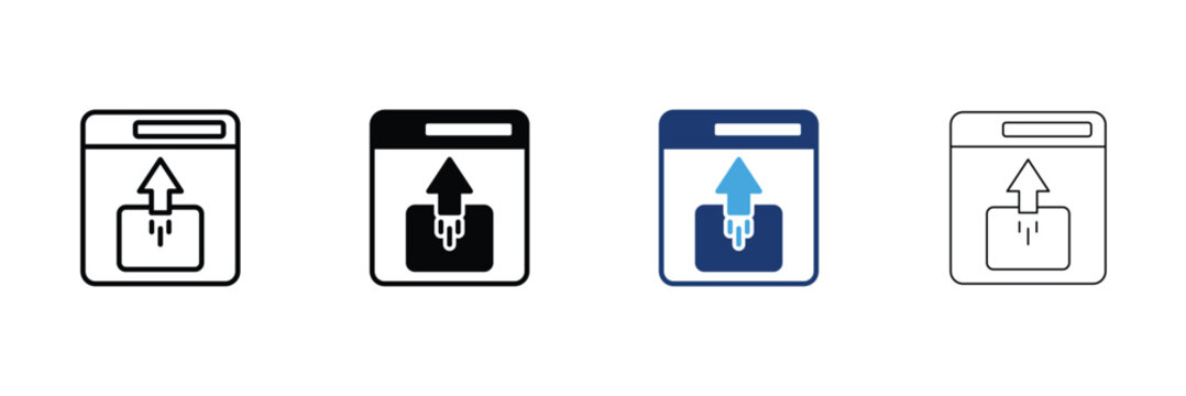 Publishing CMS icon set. Web browser window with upload arrow content publish Icons. Outline, Glyph, two-tone and editable stroke vector illustration.