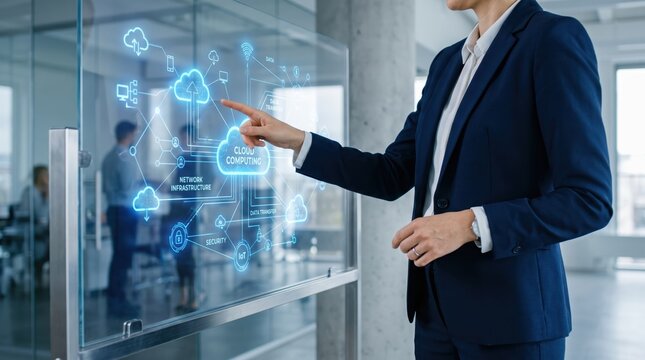 Businesswoman pointing at interactive glass wall displaying cloud computing diagram and network infrastructure icons, IT strategy presentation, digital connectivity concept