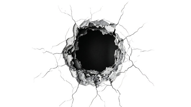 Broken white wall with dark central hole and radiating cracks, ideal for reveal effects, breakthrough concepts and construction banners