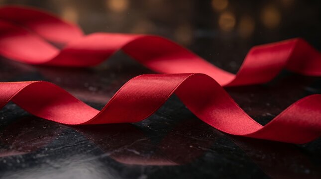 Vibrant red silk ribbon flowing in elegant curves against a dark textured background with soft bokeh highlights for a festive holiday composition.