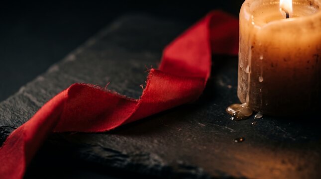 Burning wax candle with a glowing flame rests beside a flowing red silk ribbon on a rustic textured slate stone surface in a dramatic dark setting.