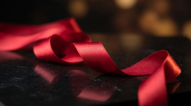 A lustrous deep red satin ribbon curves elegantly across a dark polished marble surface, creating a sophisticated holiday concept with soft bokeh accents.