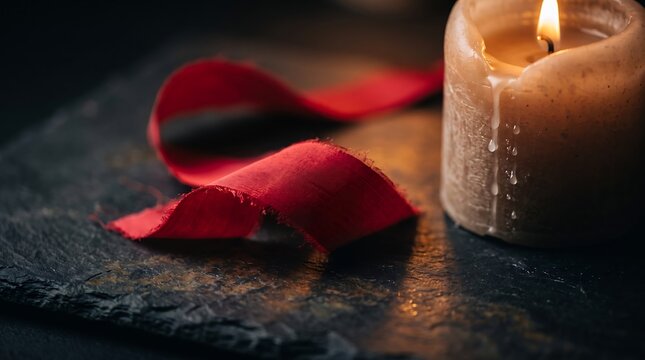 A glowing cylindrical candle with melting wax sits beside a decorative red silk ribbon on a dark textured slate background in a moodily lit composition.