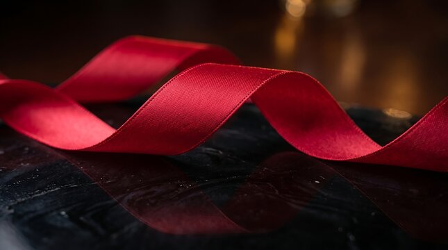 A flowing red satin ribbon creates elegant curves over a dark velvet textured surface in a horizontal composition capturing holiday luxury and celebration.