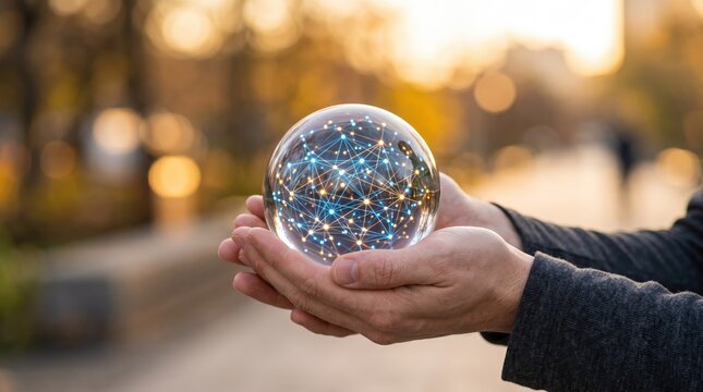 Hands holding a glowing glass sphere with a blue neural network inside, symbolizing artificial intelligence, global connectivity, data science, future technology, innovation