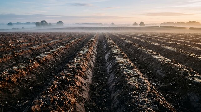 Freshly plowed dark soil rows stretch across a rural farm field under a soft morning sunrise with golden light and a lingering mist on the horizon.