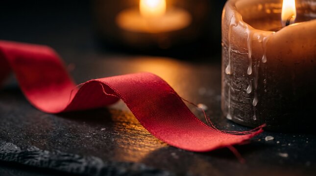 Burning pillar candle with dripping wax and a vibrant red silk ribbon set on a textured black slate surface in a cozy low-light atmospheric mood.