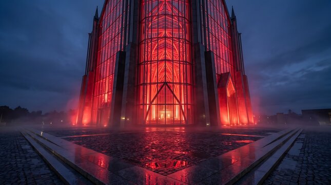 Modern glass cathedral facade illuminated with vibrant red neon light at twilight featuring a symmetrical central portal and reflective wet plaza ground.