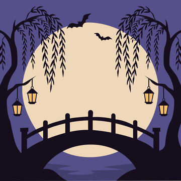 Spooky Halloween vector background illustration of a wooden arch bridge silhouetted against a full moon with hanging lanterns on weeping willow trees and flying bats