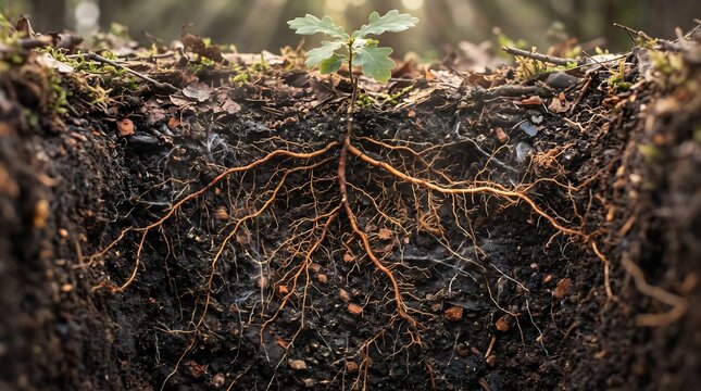 Close-up cross section view showing delicate plant roots growing deep into moist dark brown soil beneath a small green sprout in soft sunlight.
