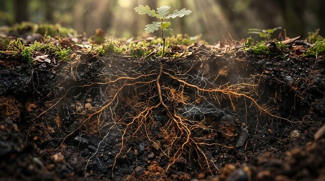 A detailed cross-section of dark soil revealing intricate glowing plant roots beneath a small green sapling sprout in a sun-drenched forest environment.