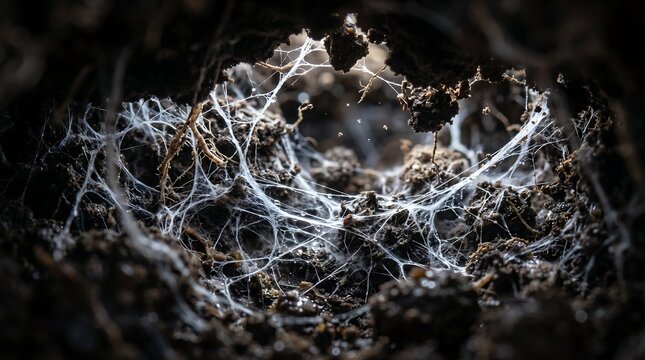 Intricate white fungal mycelium network spreading across dark moist soil in a detailed macro view of the forest floor decomposition process.