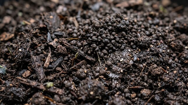 Moist nutrient-rich organic potting soil featuring dark earth tones and diverse textural debris in a close-up macro composition for agricultural use.
