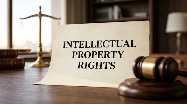 Legal protection and enforcement of intellectual assets represented by a gavel and scales of justice.