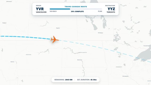 Flight Route Map Vancouver to Toronto Canada with Airplane and Telemetry HUD 4K Animation