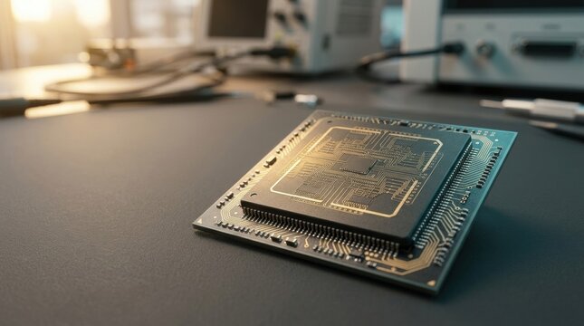 Macro view of a modern computer microprocessor chip with gold circuit traces resting on a dark laboratory workbench with blurred electronic testing equipment in the background.