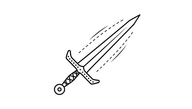 Dynamic black and white outline icon of a medieval sword, angled and with dashed lines, powerfully indicating motion, swiftness, or striking force.