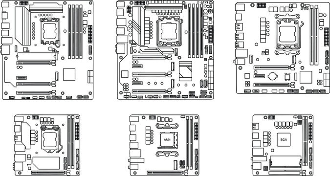 Computer motherboard line vector illustration set featuring various form factors circuit boards hardware components and microchip sockets