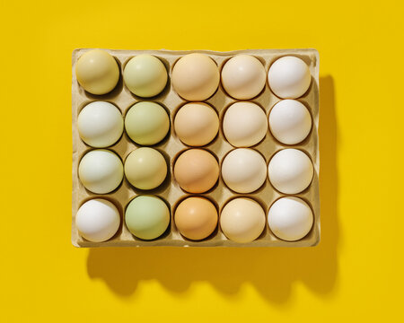Natural colored eggs in packaging, green brown white boiled Chicken egg with shadow on yellow background, creative food. Minimal Easter holiday, top view still life photo, flat lay with festive food.