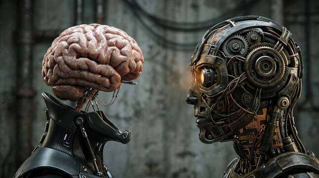 Human brain and robotic artificial intelligence head facing each other in a conceptual technology composition