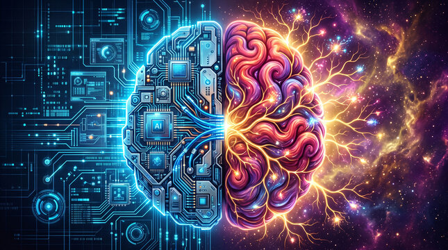Artificial intelligence concept with a digital brain and a biological brain merging in a cosmic background