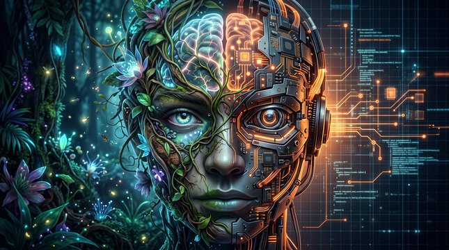 Conceptual fusion of nature and technology with a human face split between organic vines and digital circuitry