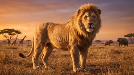 Majestic male lion with battle scars standing on the golden African savanna at sunset with elephants and giraffes in the background, cinematic wildlife photography. © NurYuli