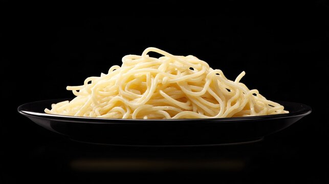 spaghetti. Spaghetti on a black plate, highlighting its texture in a minimalist composition. menu design, packaging mockups, designed for culinary blogs and recipe cards for restaurants.