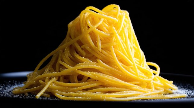 spaghetti. Spaghetti on a black plate, highlighting its texture in a minimalist composition. menu design, packaging mockups, designed for culinary blogs and recipe cards for restaurants.