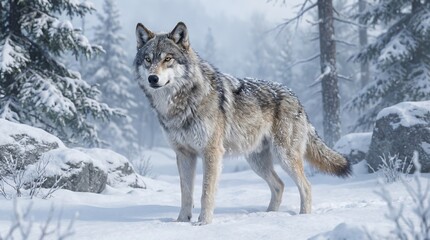 Majestic Gray Wolf Standing in a Snowy Coniferous Forest in Winter © NurYuli