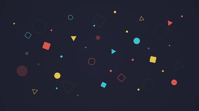 Abstract Colorful Geometric Shapes And Symbols Float Smoothly Across A Dark Blue Background